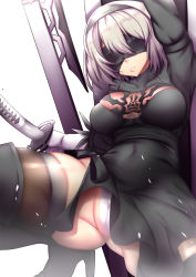 Rule 34 | 1girl, arm up, black dress, black thighhighs, blindfold, breasts, cameltoe, cleft of venus, closed mouth, covered navel, dress, fi-san, gloves, hairband, high heels, holding, holding sword, holding weapon, katana, large breasts, leotard, long sleeves, medium breasts, nier (series), nier:automata, panties, pantyshot, short hair, silver hair, solo, spread legs, squatting, sword, thighhighs, underwear, weapon, white gloves, white leotard, white panties, 2b (nier:automata)