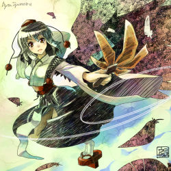 Rule 34 | 1girl, above clouds, artist name, bird wings, black hair, breasts, character name, cloud, faux traditional media, feathers, flying, geta, hat, kourindou tengu costume, leaf fan, leg up, looking at viewer, open mouth, outstretched arms, shameimaru aya, short hair, solo, spread arms, tabi, tengu-geta, tokin hat, touhou, umigarasu (kitsune1963), wings, yellow eyes