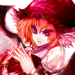 Rule 34 | 1girl, akasia, animal ears, close-up, colored eyelashes, eyelashes, female focus, hat, mystia lorelei, open mouth, own hands clasped, own hands together, pink theme, red eyes, red hair, solo, touhou, tsurime