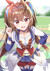 Rule 34 | 1girl, absurdres, ahoge, animal ears, anzou kunko, blue choker, blue thighhighs, breasts, brown hair, choker, cleavage, collarbone, cropped jacket, daiwa scarlet (umamusume), day, garter straps, hair between eyes, hair intakes, hand on own hip, hand up, highres, horse ears, index finger raised, jacket, long hair, long sleeves, medium breasts, navel, open clothes, open jacket, open mouth, red eyes, red shorts, shirt, short shorts, shorts, solo, starting future (umamusume), thighhighs, tiara, twintails, umamusume, very long hair, white jacket, white shirt