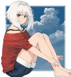 Rule 34 | 1girl, bare shoulders, barefoot, blue eyes, blue shorts, blue sky, closed mouth, cloud, cloudy sky, commentary request, day, hair between eyes, highres, knees up, looking at viewer, looking to the side, off-shoulder shirt, off shoulder, original, outstretched arms, red shirt, ryokucha manma, shirt, short shorts, short sleeves, shorts, sidelocks, silver hair, sitting, sky, solo, strap slip