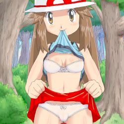 Rule 34 | 1girl, bare arms, bare shoulders, blue shirt, blue sky, blush, bow, bow bra, bow panties, bra, breasts, brown eyes, brown hair, bush, cameltoe, cleavage, closed mouth, clothes lift, cowboy shot, creatures (company), day, forest, game freak, gluteal fold, grass, green (pokemon), hat, leaf (pokemon), lifted by self, lingerie, long hair, looking at viewer, medium breasts, midriff, miniskirt, mouth hold, nature, nintendo, outdoors, panties, pokemoa, pokemon, pokemon frlg, porkpie hat, red skirt, shirt, shirt lift, skirt, skirt lift, sky, smile, solo, straight hair, tree, underwear, white bow, white bra, white panties
