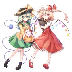 Rule 34 | 2girls, ;p, ascot, black hat, blonde hair, blush, boots, bow, breasts, carrying, cat, collared shirt, crystal, eyeball, flandre scarlet, frilled shirt, frilled shirt collar, frilled skirt, frilled sleeves, frills, green eyes, green hair, green skirt, hat, hat bow, hat ribbon, heart, heart of string, highres, komeiji koishi, long hair, long skirt, long sleeves, looking at viewer, medium hair, mob cap, multiple girls, one eye closed, pudding (skymint 028), puffy short sleeves, puffy sleeves, rabbit, red bow, red eyes, red ribbon, red skirt, red vest, ribbon, shirt, short sleeves, side ponytail, simple background, skirt, skirt set, small breasts, socks, string, third eye, tongue, tongue out, touhou, vest, wavy hair, white background, white legwear, white shirt, wide sleeves, wings, wrist cuffs, yellow ascot, yellow ribbon, yellow shirt