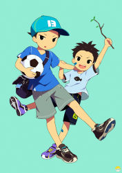 Rule 34 | 2boys, animal print, arm grab, bag, ball, bandaid, bandaid on face, bandaid on leg, blue footwear, blue shirt, blue shorts, branch, brothers, child, duffel bag, fish print, full body, hat, holding, holding ball, holding branch, blue background, looking at viewer, male focus, multiple boys, noeyebrow (mauve), original, shark, shirt, shoes, short hair, short sleeves, shorts, siblings, sneakers, soccer ball, standing, standing on one leg, teeth, tsurime, twig
