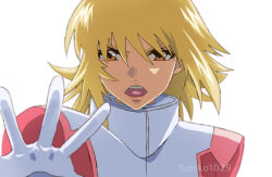 Rule 34 | 1girl, artist name, blonde hair, cagalli yula athha, determined, fumiko (mesushi), gundam, gundam seed, gundam seed freedom, looking at viewer, open mouth, outstretched hand, pilot suit, short hair, solo, teeth, upper teeth only, white background, yellow eyes
