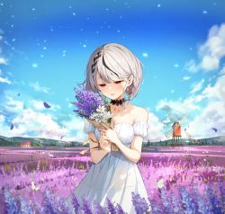 Rule 34 | 1girl, bare shoulders, black choker, black hair, blue sky, bouquet, braid, brat (brabrabrat00), breasts, bug, butterfly, choker, cloud, day, dress, earrings, field, flower, flower field, french braid, hair behind ear, holding, holding bouquet, hololive, insect, jewelry, lace-trimmed choker, lace trim, lavender (flower), looking away, medium breasts, medium hair, multicolored hair, off-shoulder dress, off shoulder, official art, outdoors, petals, purple flower, red eyes, rural, sakamata chloe, short sleeves, silver hair, sky, solo, standing, streaked hair, virtual youtuber, white dress, white flower, windmill, yellow butterfly