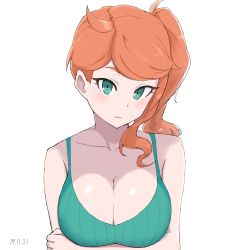 Rule 34 | 1girl, adapted costume, ahoge, aqua shirt, breasts, calendarv, camisole, cleavage, coat, creatures (company), crossed arms, dated, eyebrows hidden by hair, game freak, green eyes, highres, large breasts, nintendo, orange hair, pokemon, pokemon swsh, shirt, side ponytail, simple background, solo, sonia (pokemon), swept bangs, unworn coat, white background