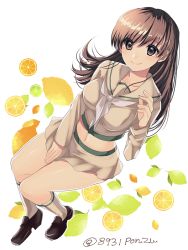 Rule 34 | 10s, 1girl, 8931ponzu, between legs, breasts, brown eyes, brown hair, food, fruit, fruit background, full body, hand between legs, hand up, kantai collection, large breasts, lemon, long hair, looking at viewer, neckerchief, ooi (kancolle), remodel (kantai collection), sailor collar, school uniform, serafuku, smile, solo, white background, white legwear