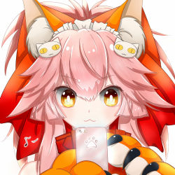 Rule 34 | 1girl, :3, animal ears, animal hands, bell, cellphone, collar, fate/grand order, fate (series), fox ears, hair ribbon, long hair, musical note, neck bell, phone, pink hair, ribbon, simple background, smartphone, solo, tamamo (fate), tamamo cat (fate), tamamo no mae (fate/extra), white background, yellow eyes