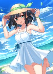 Rule 34 | 1girl, barefoot, black hair, blunt bangs, breasts, day, dress, dutch angle, hajime kaname, hat, highres, medium breasts, moe2018, open mouth, outdoors, short hair, smile, solo, standing, standing on one leg, straw hat, two side up, white dress