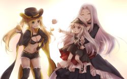 Rule 34 | 3girls, :d, :o, animal, azur lane, backlighting, belt, bikini, bikini top only, bird, black bikini, black cloak, black dress, black flower, black footwear, black jacket, black shorts, black sleeves, black socks, blonde hair, blush, boots, breasts, check commentary, chick, chiyosuke (chysk hm), cleavage, cloak, closed mouth, collarbone, collared shirt, commentary request, cowboy hat, cowboy shot, cutoffs, detached sleeves, dress, enterprise (azur lane), floating hair, flower, full body, green eyes, grey eyes, grin, groin, hair between eyes, hand on own hip, hand up, hat, holding, holding animal, holding person, hornet (azur lane), jacket, kneehighs, large breasts, little enterprise (azur lane), long hair, long sleeves, looking at another, manjuu (azur lane), military hat, multiple girls, navel, open mouth, parted bangs, peaked cap, pinafore dress, shirt, shoes, short shorts, shorts, sidelocks, sleeveless dress, smile, socks, standing, stomach, swimsuit, teeth, thigh boots, thighhighs, twintails, very long hair, white dress, white hair, white headwear, white legwear, white shirt, yellow belt, yorktown (azur lane)