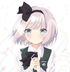Rule 34 | 1girl, black bow, black hairband, black ribbon, blue eyes, blush, bow, closed mouth, collared shirt, commentary request, green vest, hair ribbon, hairband, hands up, konpaku youmu, long sleeves, looking at viewer, own hands together, petals, purin jiisan, ribbon, shirt, short hair, silver hair, solo, touhou, upper body, vest, white background, white shirt