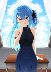 Rule 34 | 1girl, :d, bare arms, bare shoulders, black ribbon, black shorts, blue eyes, blue hair, blue skirt, blue sky, cloud, commentary, curtains, day, desk, fang, hair between eyes, hair ornament, hair ribbon, hairclip, healther, high-waist skirt, highres, indoors, long hair, looking at viewer, one side up, open mouth, original, ribbon, school desk, shirt, shorts, skirt, sky, sleeveless, sleeveless shirt, smile, solo, symbol-only commentary, window, yellow eyes