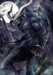 Rule 34 | 3others, abs, artist name, claws, cloud, cloudy sky, commentary request, demon, demon wings, fate/grand order, fate (series), flying, full moon, glowing, glowing eyes, horns, k-suwabe, monster, moon, moonlight, multiple horns, multiple others, multiple tails, muscular, night, night sky, no humans, sharp teeth, sky, tail, teeth, two tails, wings