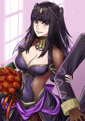 Rule 34 | 1girl, ambiguous gender, black dress, black hair, black wedding dress, bouquet, breasts, brown gloves, cleavage, covered navel, dress, fire emblem, fire emblem awakening, fire emblem heroes, flower, gloves, highres, holding, holding bouquet, large breasts, locked arms, long hair, long sleeves, looking at viewer, nail polish, navel, nintendo, parted lips, purple hair, red flower, robin (fire emblem), see-through, skin tight, smile, tharja (fire emblem), twintails, vallurite, wedding dress, window