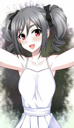 Rule 34 | 10s, 1girl, bad id, bad pixiv id, blush, dress, drill hair, highres, idolmaster, idolmaster cinderella girls, kanzaki ranko, kenken, long hair, looking at viewer, open mouth, pov, red eyes, silver hair, sleeveless, smile, solo, twin drills, twintails