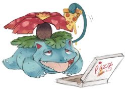 Rule 34 | creatures (company), eating, food, game freak, gen 1 pokemon, nintendo, no humans, open mouth, pizza, pizza box, pizza slice, pokemon, pokemon (creature), simple background, sui (suizilla), tentacles, venusaur, white background