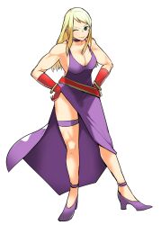 Rule 34 | 1girl, bare shoulders, blonde hair, blue eyes, breasts, choker, cleavage, dress, fatal fury, garou: mark of the wolves, hands on own hips, highres, jenet behrn, large breasts, leaning forward, long hair, looking at viewer, one eye closed, parted bangs, purple dress, smile, snk, solo, the king of fighters, upper body, wink