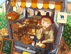 Rule 34 | 1girl, apron, bakery, black pantyhose, blue skirt, braid, brown apron, brown eyes, brown sweater, calico, cat, cup, day, disposable cup, food, head scarf, highres, lamppost, light brown hair, looking at viewer, motor vehicle, original, pantyhose, pastry, plaid headwear, shop, single braid, skirt, solo, sumika inagaki, sweater, tabby cat, tea, van