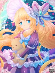 Rule 34 | 1girl, arch, ayachi pbw, bell, blonde hair, blue bow, blue eyes, blue sky, blush, bonnet, bow, child, copyright name, day, dress, floral arch, frilled dress, frills, hair bow, holding, holding stuffed toy, house, jewelry, kerberos blade, long hair, looking at viewer, official art, outdoors, purple dress, sidelocks, sky, smile, standing, striped clothes, striped dress, stuffed animal, stuffed toy, teddy bear, very long hair