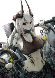 Rule 34 | 1girl, absurdres, arknights, bare shoulders, breasts, cleavage, commentary, hammer, highres, holding, holding hammer, holding weapon, horns, large breasts, long hair, looking at viewer, material growth, midriff, mudrock (arknights), mudrock (elite ii) (arknights), navel, off shoulder, oripathy lesion (arknights), pointy ears, red eyes, silver hair, solo, sports bra, stomach, vyragami, weapon