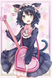 Rule 34 | 10s, 1girl, absurdres, animal ears, black dress, black hair, bow, cat ears, cat tail, cyan (show by rock!!), dress, eyebrows, fang, green eyes, heart, heart guitar, highres, karumayu, looking at viewer, open mouth, pink bow, short hair, show by rock!!, solo, strawberry heart (show by rock!!), tail