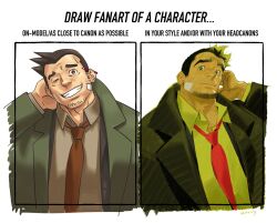 Rule 34 | 1boy, ace attorney, bandaid, bandaid on cheek, bandaid on face, bara, coat, collared shirt, cropped torso, dick gumshoe, draw fanart challenge, facial hair, goatee stubble, green coat, hand on own head, looking at viewer, male focus, mature male, mr kasuy, necktie, official style, receding hairline, red necktie, shirt, short hair, sideburns, stubble, thick eyebrows