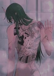 Rule 34 | 1girl, arknights, back, back focus, bruise, collarbone, commentary, english commentary, from behind, green hair, highres, horns, hoshiguma (arknights), injury, long hair, looking at viewer, looking back, nude, scar, scar on arm, scar on back, shower (place), showering, single horn, skin-covered horns, solo, tattoo, upper body, wet, wet hair, yellow eyes, zero zhengyi