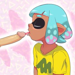 Rule 34 | 1boy, 1girl, absurdres, aqua hair, blush stickers, closed eyes, cum, cum in mouth, dark skin, domino mask, ejaculation, highres, inkling player character, malev, mask, multicolored hair, nintendo, open mouth, penis, pink background, pink hair, pointy ears, profile, shirt, short hair, short sleeves, sidelocks, splatoon (series), t-shirt, tentacle hair, thick eyebrows, tongue, tongue out, two-tone hair, upper body, yellow shirt