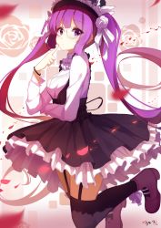 Rule 34 | 1girl, black thighhighs, flower, frilled skirt, frills, from side, garter straps, glasses, hair flower, hair ornament, hair ribbon, hat, long hair, long sleeves, looking at viewer, original, purple eyes, purple hair, ribbon, rizky (strated), shoes, skirt, solo, thighhighs, twintails, zettai ryouiki