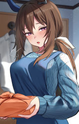 Rule 34 | 1girl, puff of air, admire vega (umamusume), animal ears, apron, aran sweater, az nyam, blue apron, blue sweater, blurry, blurry background, blush, box, breasts, cable knit, clothes hanger, commentary request, furoshiki, hair intakes, half-closed eyes, highres, holding, holding box, horse ears, indoors, large breasts, long hair, long sleeves, looking at viewer, lunchbox, open mouth, pink eyes, ponytail, shirt, sidelocks, sleeves past wrists, solo, sweatdrop, sweater, umamusume, upper body, white shirt