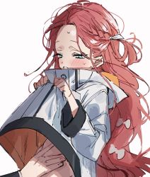 Rule 34 | 1boy, 1girl, blue archive, blue eyes, blush, bow, clothes lift, commentary request, forehead, hair bow, highres, jacket, jacket lift, lifted by self, long hair, na tarapisu153, one side up, parted lips, red hair, sensei (blue archive), simple background, solo focus, sweat, upper body, very long hair, white background, white bow, white jacket, yuzu (blue archive)