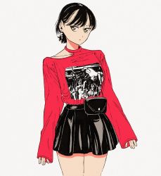Rule 34 | 1girl, black hair, black skirt, cowboy shot, dende (dndn222), earrings, expressionless, highres, jewelry, long sleeves, original, print shirt, red shirt, shirt, shirt tucked in, short hair, simple background, skirt, sleeves past wrists, solo, white background, yellow eyes