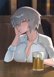 Rule 34 | 1girl, absurdres, ahoge, alcohol, beer, beer mug, blush, breast rest, breasts, breasts on table, brown eyes, cleavage, closed mouth, collarbone, collared shirt, commentary request, cup, expressionless, eyes visible through hair, fate/grand order, fate (series), hand on own cheek, hand on own face, highres, hood (james x), indoors, jeanne d&#039;arc (fate), jeanne d&#039;arc alter (avenger) (fate), jeanne d&#039;arc alter (fate), large breasts, long sleeves, looking at viewer, mug, shirt, short hair, silver hair, solo, table, white shirt