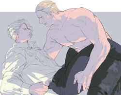 Rule 34 | 2boys, bara, black pants, blonde hair, closed mouth, collared shirt, couple, eye contact, highres, jack krauser, large pectorals, leon s. kennedy, looking at another, lying, male focus, multiple boys, muscular, muscular male, official alternate costume, on (isk1812), on back, pants, pectorals, resident evil, resident evil 4, resident evil 4 (remake), scar, scar across eye, scar on face, shirt, short hair, topless male, white hair, white shirt, yaoi