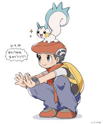 Rule 34 | 1boy, backpack, bag, closed mouth, commentary request, creatures (company), dated, game freak, gen 4 pokemon, grey eyes, grey pants, highres, lucas (pokemon), male focus, nintendo, on head, pachirisu, pants, petoke, pokemon, pokemon (creature), pokemon dppt, pokemon on head, scarf, shoes, short hair, short sleeves, smile, sparkle, squatting, translation request, yellow bag