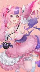 Rule 34 | 1girl, ahoge, armpits, bell, breasts, demon girl, demon horns, detached sleeves, dress, frilled dress, frills, hair bell, hair ornament, heart, heart ahoge, heterochromia, highres, horns, ironmouse, jingle bell, large breasts, looking at viewer, multicolored hair, nail polish, narim, open mouth, outstretched arm, pink background, pink dress, pink hair, pink nails, pink sleeves, pink thighhighs, purple eyes, purple hair, red eyes, smile, solo, streaked hair, thighhighs, twintails, virtual youtuber, vshojo, white thighhighs