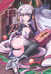 Rule 34 | 1girl, absurdly long hair, ahoge, ass, bell, bikini, black bikini, black bra, black gloves, black panties, black thighhighs, boots, bow, bra, breasts, candy, candy cane, cleavage, collarbone, elbow gloves, fate/grand order, fate (series), female focus, floor, food, gift, gloves, hair bell, hair bow, hair ornament, hair ribbon, headpiece, high heel boots, high heels, highres, jeanne d&#039;arc (fate), jeanne d&#039;arc alter (fate), jeanne d&#039;arc alter santa lily (fate), long hair, looking at viewer, lying, mistletoe, on floor, on side, panties, ribbon, shiny clothes, small breasts, solo, swimsuit, ten no hoshi, thighhighs, underwear, very long hair, wooden floor