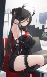 Rule 34 | 1girl, absurdres, animal ears, antlers, arknights, arm strap, arm under breasts, arm up, armpits, belt, belt pouch, black dress, black gloves, black thighhighs, breasts, cleavage, commentary request, couch, deer antlers, deer ears, deer girl, dress, elbow gloves, eyes visible through hair, fingerless gloves, gloves, hair between eyes, hair over one eye, highres, horns, indoors, large breasts, looking at viewer, on couch, parted lips, plant, potted plant, pouch, qiubai (arknights), red eyes, single thighhigh, sitting, solo, table, thermometer, thigh strap, thighhighs, thighs, zayur