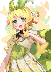 Rule 34 | 1girl, aqua eyes, blonde hair, blurry, blurry foreground, bow, bug, butterfly, butterfly background, butterfly on hand, commentary, dress, green bow, green neckerchief, hair bow, hand on own chest, highres, insect, kagamine rin, looking at viewer, magical mirai (vocaloid), magical mirai rin, medallion, neckerchief, open mouth, orange butterfly, polka dot, polka dot dress, saz8720, short hair, short sleeves, silhouette, solo, upper body, vocaloid, white background, white dress, yellow butterfly