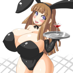Rule 34 | absurdres, animal ears, blush, breasts, brown hair, cherry, choker, cleavage, covered erect nipples, curvy, fake animal ears, food, fruit, gigantic breasts, gloves, highres, hip focus, huge breasts, martini, open mouth, playboy bunny, rabbit ears, tongue, tray, umigarasu (magipro), wide hips
