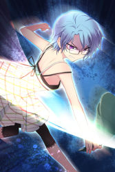 Rule 34 | 1girl, artist request, blue hair, clenched hand, clenched teeth, esprit (sword girls), glasses, holding, leg up, lowres, parted bangs, pleated skirt, purple eyes, ribbon, skirt, slippers, solo, sword girls, teeth