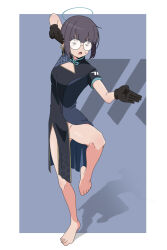 Rule 34 | 1girl, alternate costume, barefoot, black dress, black eyes, black gloves, black hair, blue archive, breasts, china dress, chinese clothes, dress, full body, glasses, gloves, halo, highres, millennium science school student a (blue archive), nyaru (nyaru 4126), open mouth, pelvic curtain, round eyewear, short hair, short sleeves, small breasts, solo, standing, standing on one leg, toes
