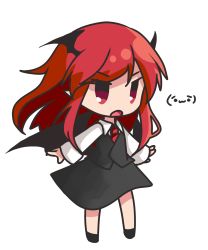Rule 34 | 1girl, :o, bat wings, black footwear, black skirt, black vest, chibi, collared shirt, commentary request, dress shirt, emoticon, full body, head wings, highres, koakuma, long hair, long sleeves, low wings, necktie, no nose, open mouth, qqq, red eyes, red hair, red necktie, shirt, sidelocks, simple background, skirt, skirt set, solo, touhou, v-shaped eyebrows, vest, white background, white shirt, wings