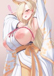 Rule 34 | !, 1girl, animal ears, armpits, arms up, blonde hair, blue archive, blush, breasts, closed mouth, cream cod, detached sleeves, eyes visible through hair, floral print, hair over one eye, highres, inverted nipples, japanese clothes, kaho (blue archive), large breasts, long hair, long sleeves, mole, mole under mouth, open mouth, sash, simple background, smile, solo, thick eyebrows, yellow eyes