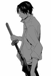 Rule 34 | 1boy, baggy clothes, bags under eyes, black eyes, black hair, drawing sword, expressionless, hair between eyes, hair over one eye, holding, holding sword, holding weapon, jujutsu kaisen, katana, long sleeves, looking at viewer, looking back, male focus, monochrome, okkotsu yuuta, short hair, solo, sword, turtleneck, weapon, weapon bag, white background