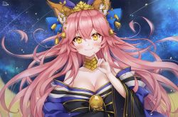 Rule 34 | 10s, 1girl, animal ears, bell, breasts, cleavage, collarbone, fang, fate/extra, fate/grand order, fate (series), fox ears, fox shadow puppet, fox tail, japanese clothes, large breasts, long hair, looking at viewer, multiple tails, night, night sky, off shoulder, official alternate costume, pink hair, pong (vndn124), sky, solo, star (sky), star (symbol), starry sky, tail, tamamo (fate), tamamo no mae (fate/extra), tamamo no mae (third ascension) (fate), very long hair, yellow eyes