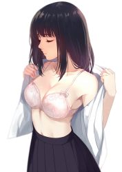 Rule 34 | 1girl, black hair, black skirt, blunt bangs, blurry, blush, bra, breasts, caidychen, cleavage, closed eyes, closed mouth, comic, cowboy shot, depth of field, eyelashes, highres, large breasts, light smile, long hair, navel, open clothes, open shirt, original, pink bra, pleated skirt, shirt, shirt on shoulders, simple background, skirt, solo, standing, stomach, underwear, undressing, white background, white shirt