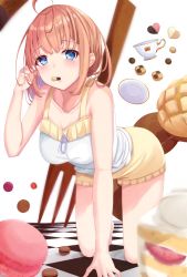 Rule 34 | 1girl, ahoge, all fours, bare shoulders, blonde hair, bloomers, blue eyes, blush, bread, breasts, cake, collarbone, cookie, cup, food, keima ron, looking at viewer, macaron, medium breasts, medium hair, melon bread, mouth hold, original, pocky, solo, tareme, teacup, underwear