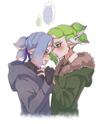 Rule 34 | 2boys, black gloves, blue hair, blue jacket, blush, coat, commentary, cropped torso, earrings, eyelashes, fur-trimmed coat, fur trim, gloves, green coat, green eyes, green hair, grey eyes, highres, hood, hooded jacket, inkling, inkling boy, inkling player character, jacket, jewelry, male focus, medium hair, mubi latte, multiple boys, nintendo, pointy ears, short ponytail, simple background, speech bubble, splatoon (series), symbol-only commentary, tentacle hair, translation request, upper body, white background, yaoi